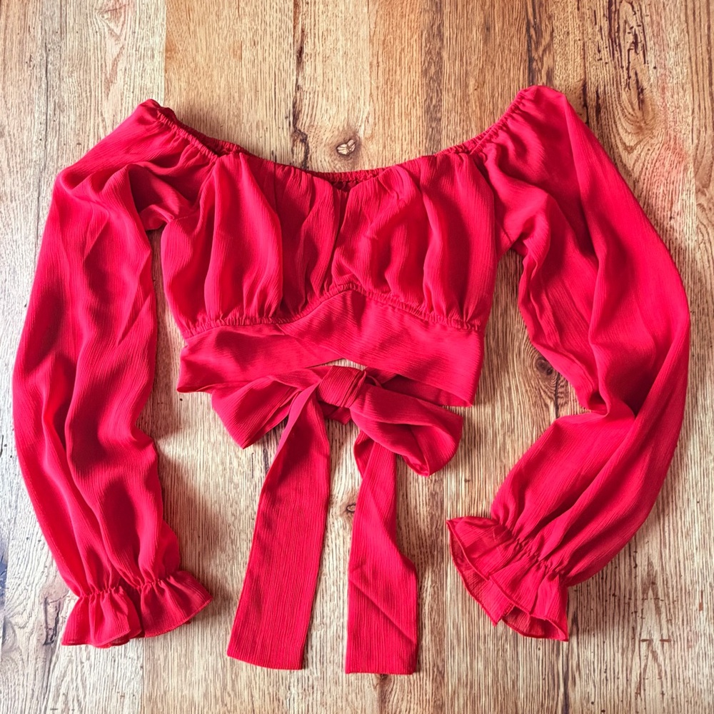 Vibrant Red Off shoulder Crop Top with Tie Back